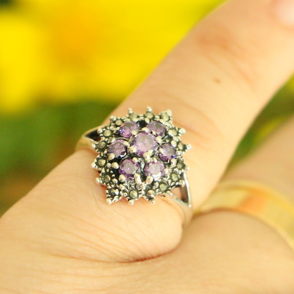 925sterlingsilver flower marcasite Amethyst rings - Picture 2 of 7